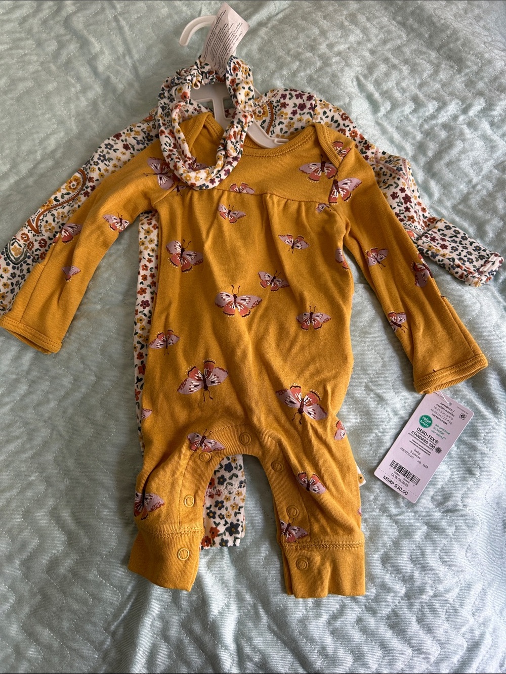 Carter's Mustard Butterfly One-Piece with Floral Headband Set